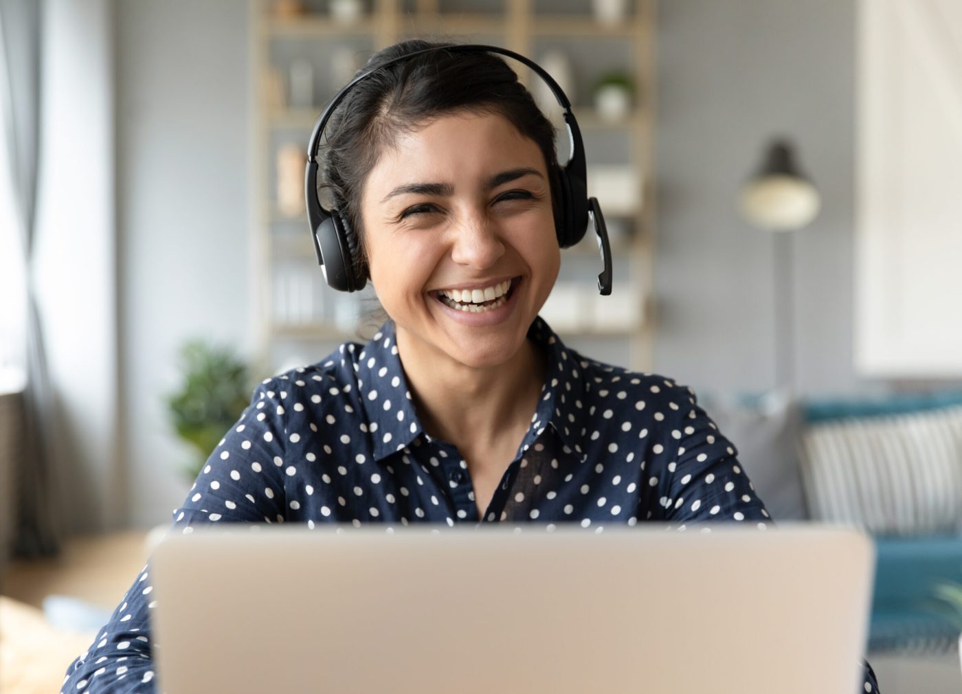 Head,Shot,Portrait,Smiling,Indian,Woman,Wearing,Headphones,Posing,For